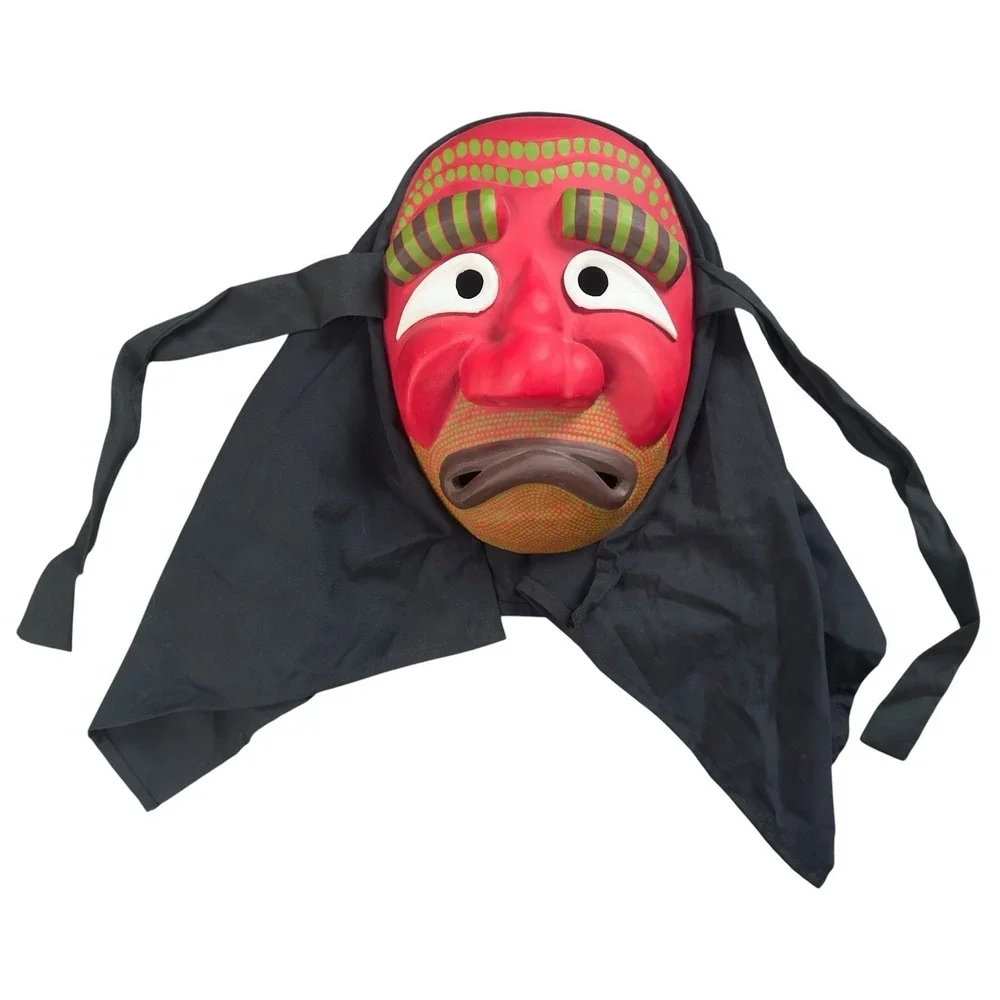 Traditional Korean  Wooden Face Mask with Hood‎ Hand Carved Red Old Monk